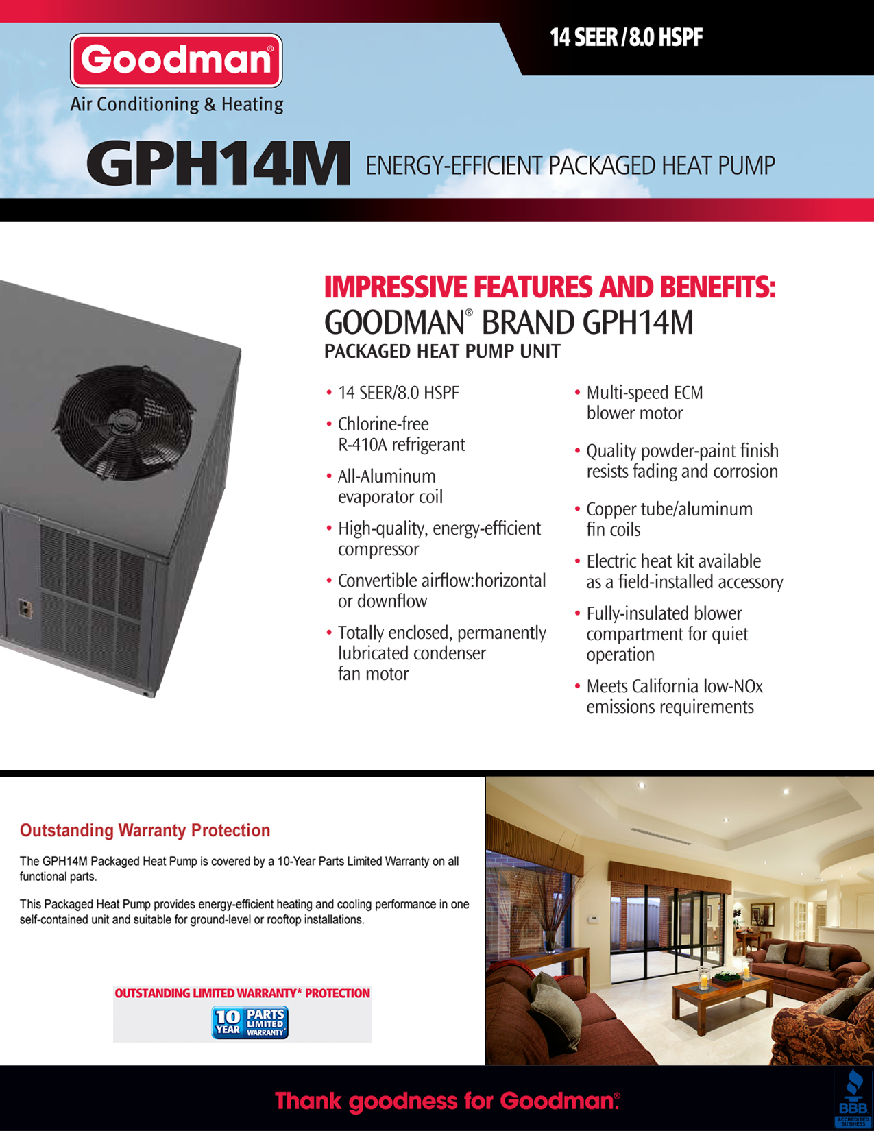 3.5 Ton Goodman 14 SEER Heat Pump DOWN-FLOW or HORIZONTAL Package Unit GPH1442M41 (F)